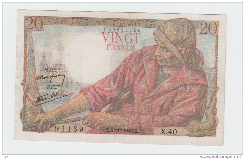 FRANCE 20 FRANCS 1942 VF++ P 100a 100 A - 20 F 1942-1950 ''Pêcheur''