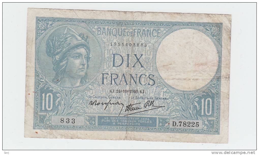 FRANCE 10 FRANCS 1940 ""F+"" P 84 - 10 F 1916-1942 ''Minerve''