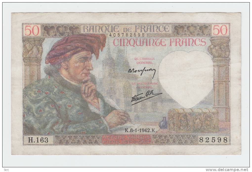 France 50 Francs 1941 VF++ Banknote P 93 (No Pinholes) - 50 F 1940-1942 ''Jacques Coeur''