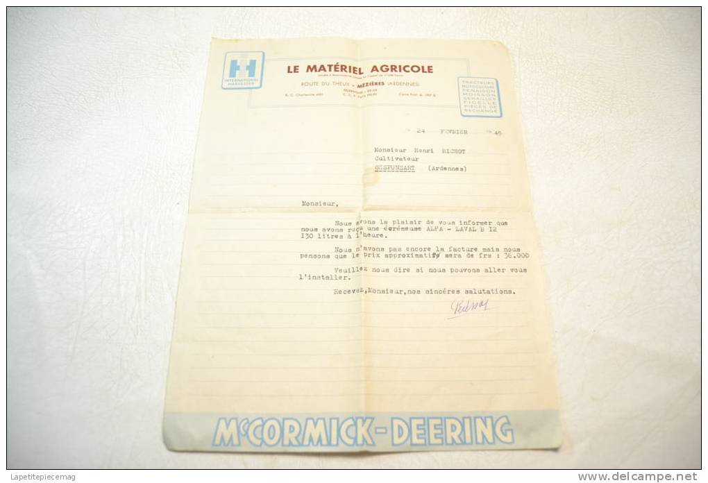 (AR5) Lettre D'information Le Matériel Agricole à Mézières (Ardennes) 1949. Mc Cormick Deering - Landwirtschaft