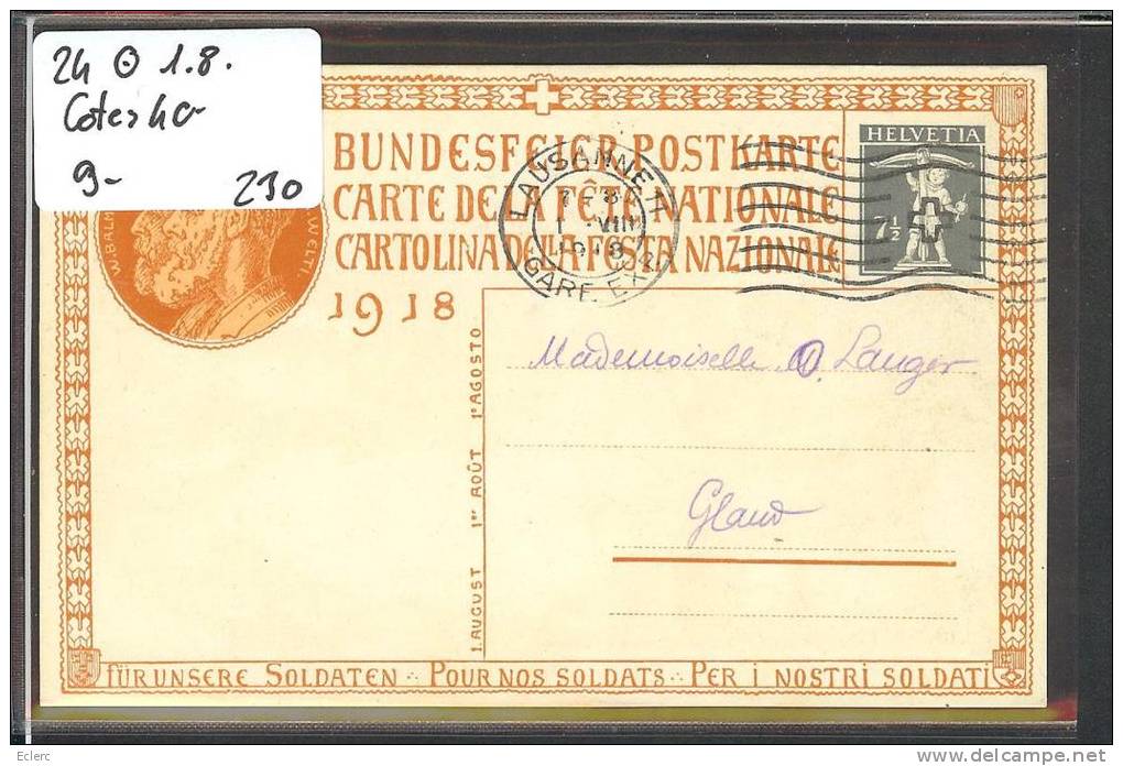 CARTE FETE NATIONALE 1918 - No 24  Oblitéré 1er AOUT -  Cote: 40 CHF - Briefe U. Dokumente