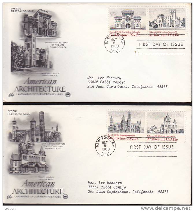 FDC American Architecture - 2 Covers 4 Stamps 1980 - 1971-1980