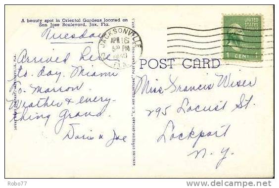 1940 USA Postcard. The Oriental Gardens &ndash; Jacksonville, FLA.   (T21006) - Jacksonville