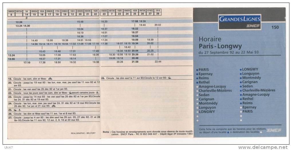 - Horaire SNCF Paris-Longwy En 1992 - Europe