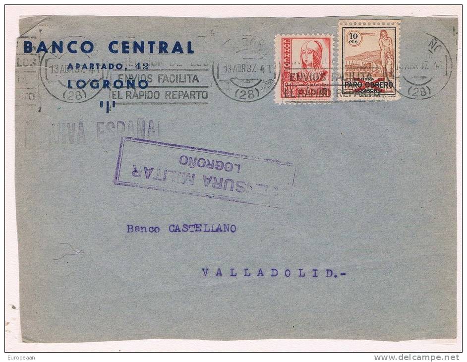 Espagne Cencura Militar1937, Front, Guerre, Civile,  Logrono Cancel "envios Facilita El Rapido Reparto" Stamps Logrono - Briefe U. Dokumente