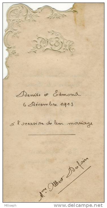 MENU - Mariage - Denise / Edmond - 6/12/1913     (J1708) - Menus