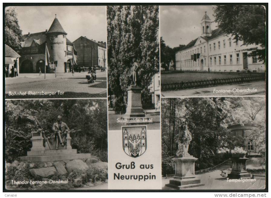 AK Neuruppin, Fontane-Oberschule, Fontane-Denkmal, Bahnhof Rheinsberger Tor 1959 - Neuruppin