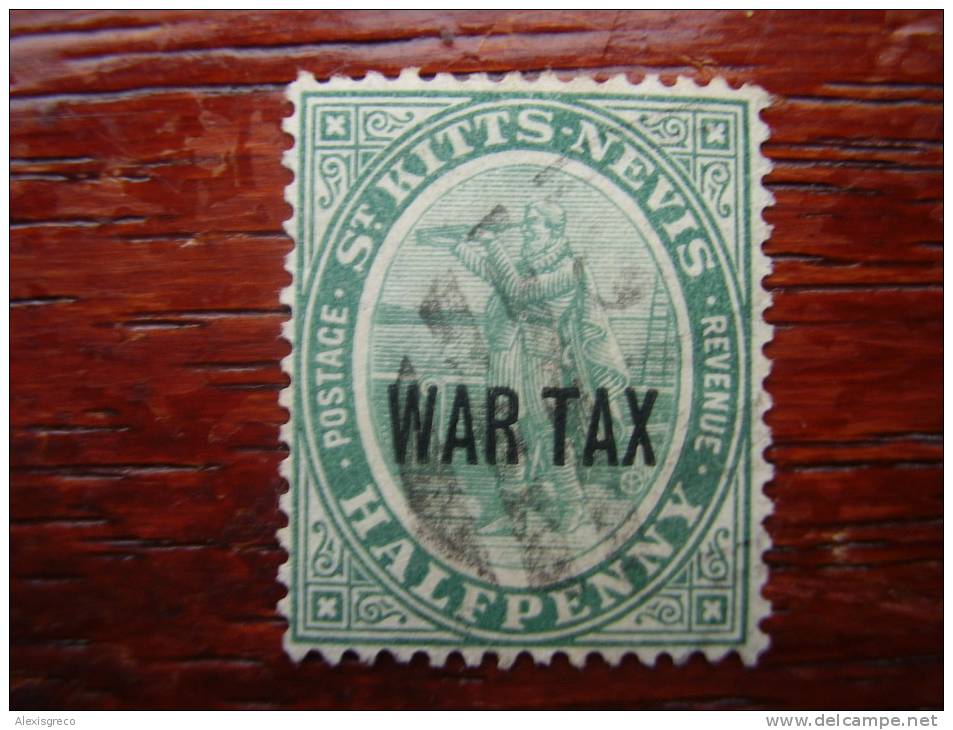 ST. KITTS-NEVIS 1916  OVERPRINTED WAR TAX On 1/2 D Green USED. - St.Kitts And Nevis ( 1983-...)