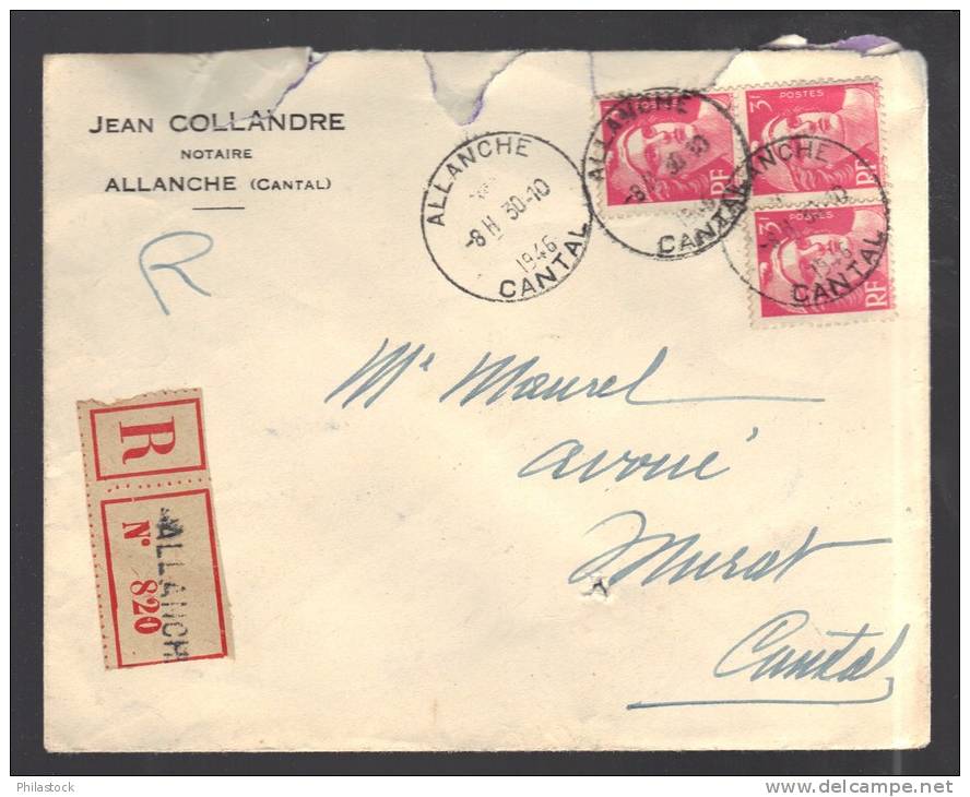 FRANCE 1946 N° 716 X 3  Obl. S/Lettre Entiére Recommandée - 1945-54 Marianne (Gandon)