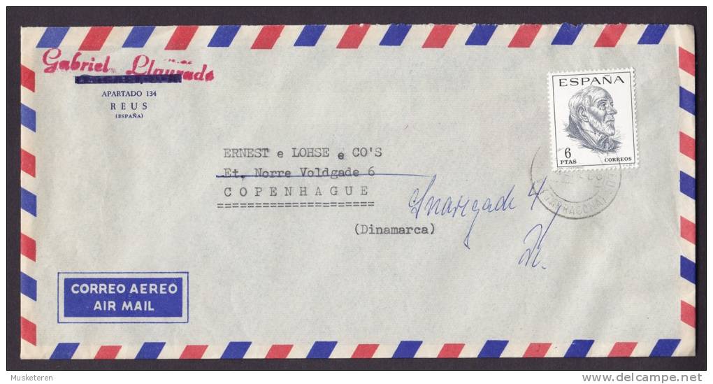 Spain Airmail Correo Aereo REUS 19?? Cover To Denmark Readressed Unknown By The Adress Signature (3 Scans) - Briefe U. Dokumente