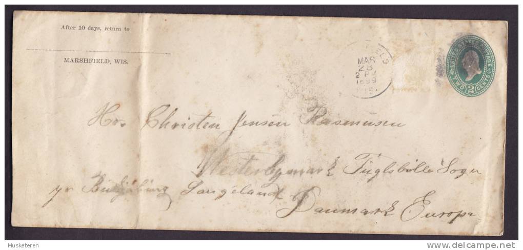 United States (Uprated) Postal Stationery Ganzsache 2c. MARSHFIELD Wis. 1899 Cover RUDKJØBING Langeland (Arr.) Denmark - ...-1900