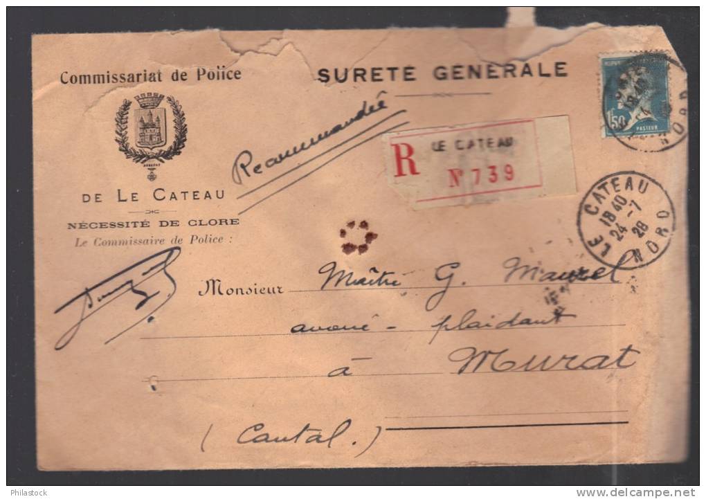 FRANCE 1928 N° 181 Obl. S/Lettre Entiére Recommandée - 1922-26 Pasteur