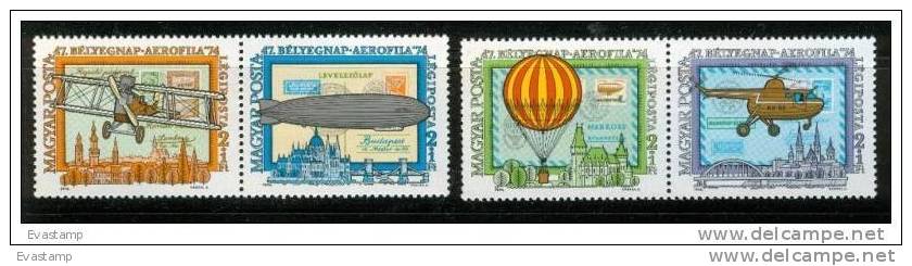 HUNGARY - 1974. AEROPHILA Pairs(Hot Air Balloon, Zeppelin) MNH! Mi:2986-2989. - Zeppelins