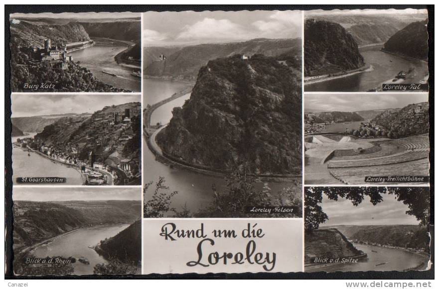 AK Um Die Loreley: Burg Katz, Freichlichtbühne, St. Goarshausen, Gelaufen 1957 - Loreley