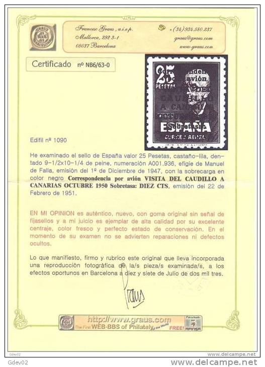 ES1090-L1580TAO.Espa Gne.Spain.Manuel   De Falla.FRANCO.VISITA  A CANARIAS.1951.(Ed 1090**). Sin Charnela.LUJO - Otros & Sin Clasificación