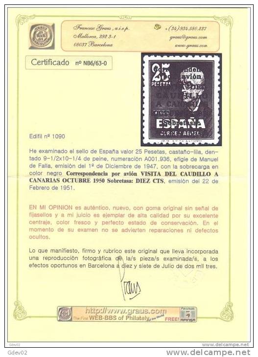 ES1090-L1580TCSC.Espagne.Spain.Manuel   De Falla.FRANCO.VISITA  A CANARIAS.1951.(Ed 1090**). Sin Charnela.LUJO - Otros & Sin Clasificación