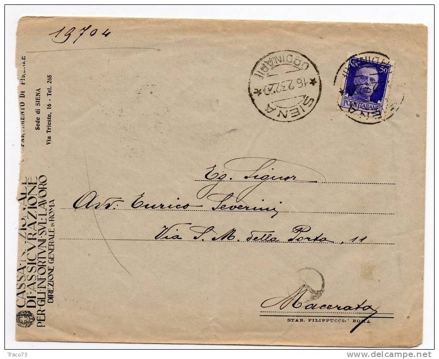 SIENA  /  MACERATA - Lettera  16.02.1932 - Tondo " SIENA SEZ. RIUNITE " Imperiale Cent. 50 Isolato - Storia Postale