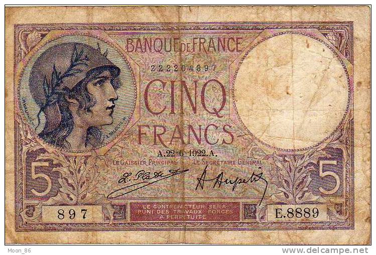 Billet 5 F Violet   - 5 Cinq  Francs -  Banque De France - Bon  état  A 22 6 1922 - 5 F 1917-1940 ''Violet''