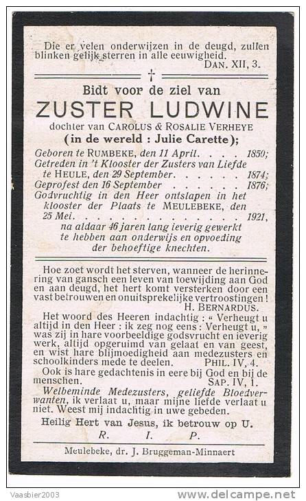 RUMBEKE(Roeselare) - HEULE - MEULEBEKE ,doodsprentje Van Zuster Ludwine (Julie Carette)  +1921 - Godsdienst & Esoterisme