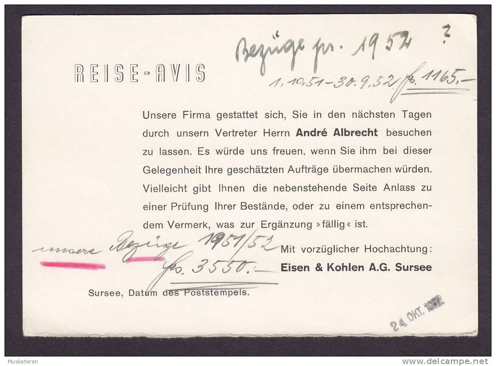 Switzerland Meter Stamp (1761) Eisen & Kohlen-aktiengesellschaft SURSEE 1952 Card REISE-AVIS (2 Scans) - Francobolli Da Distributore