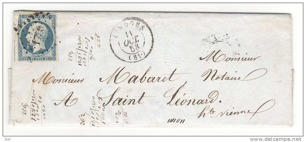 Lettre De LIMOGES, Haute Vienne, Du 11 Octobre 1853 + PC 1730 Sur Présidence N° 10 > Saint Léonard, Cote 100 Euros - 1852 Luis-Napoléon