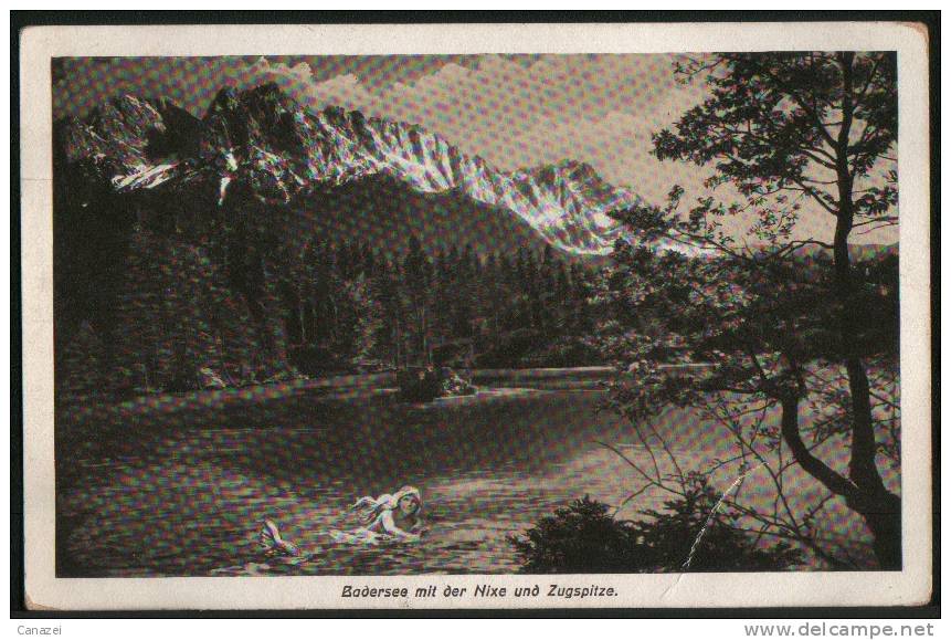 AK Badersee Mit Der Nixe Und Zugspitze, Gel Frankiert 1918 - Zugspitze