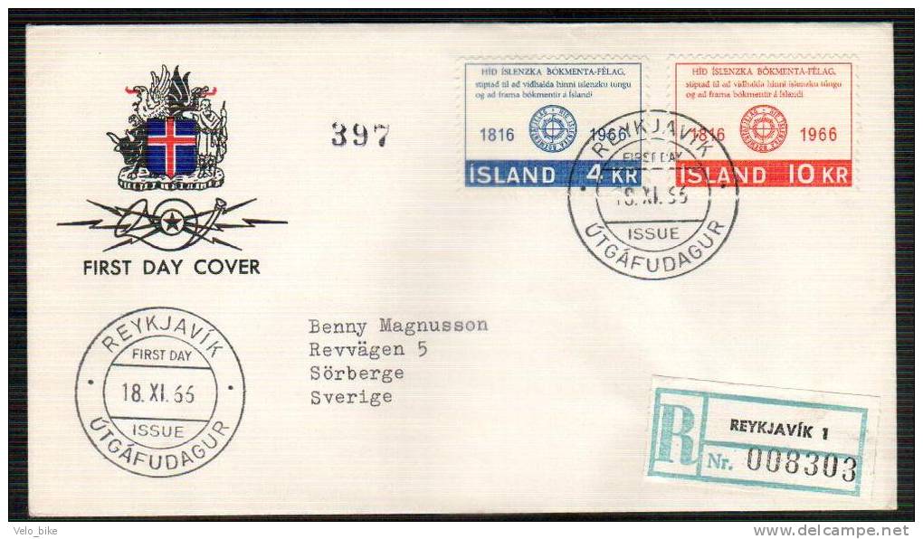 Iceland FDC 18/11 1966 Literary Society Recomended - FDC