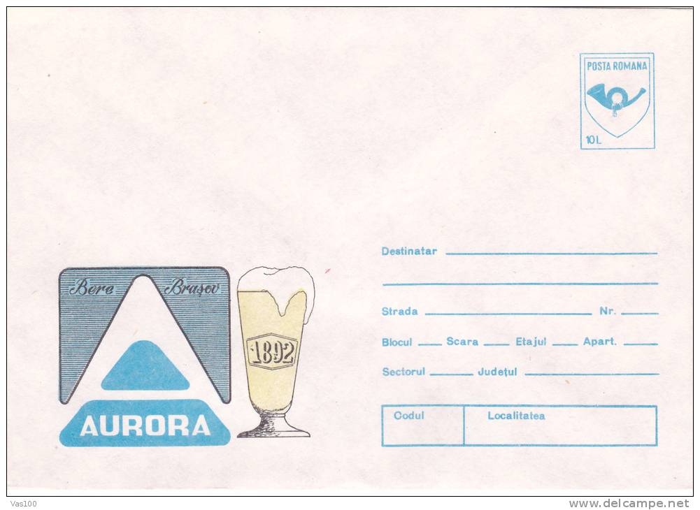 BEER, BIERES AURORA BRASOV 1992 COVER STATIONERY ENTIER POSTAL UNUSED ROMANIA. - Biere