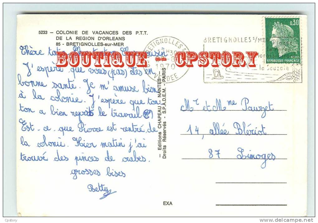 POSTE & FACTEUR - Colonie De Vacances Des PTT à Brétignolles Sur Mer - Dos Scané - Postal Services