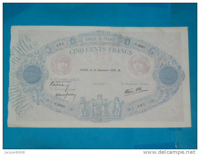 500 Fr Bleu Et Rose -14 Décembre 1939 - N° 091 - O. 3867 - Sup - 2 épinglages - Pas De Coupure - Plis - Tres Beau Billet - 500 F 1888-1940 ''Bleu Et Rose''