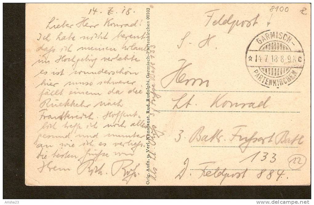 440. Germany, Die Zugspitze Am EIbsee - Passed Garmisch Feldpost In 1918 - Rud. Rudolphi - Zugspitze