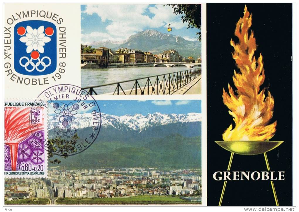 CARTE PREMIER JOUR FRANCE 1968 JO DE GRENOBLE LE FLAMBEAU - Inverno1968: Grenoble