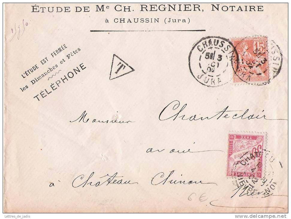 JURA CHAUSSIN ENV TAXEE 30 Ctmes 1902 - 1859-1959 Covers & Documents