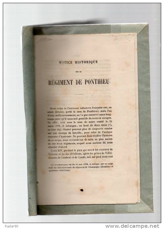 Notice Historique Sur Le Régiment De PONTHIEU.arthur DEMARSY.1862.couverture Muette.11 Pp. - Picardie - Nord-Pas-de-Calais