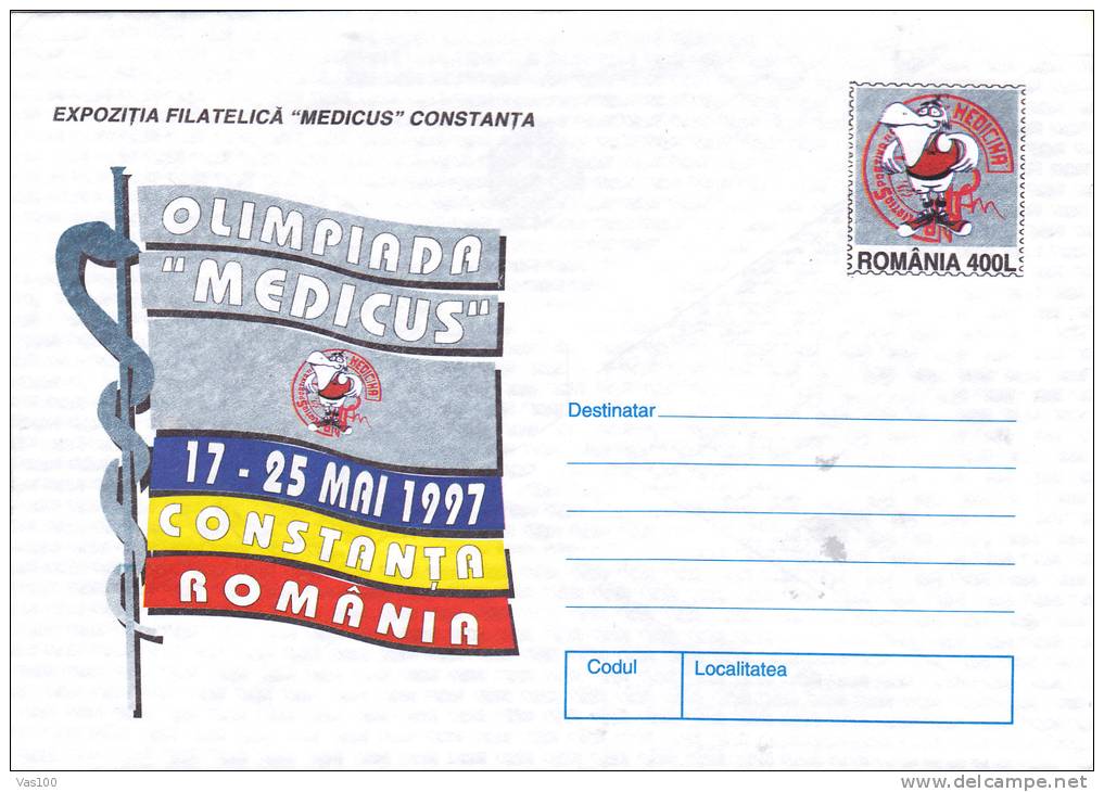 ASSOCIATION OF SPORTS "MEDICINE" PELICAN EMBLEM BIRDS.COVER STATIONERY ENTIER POSTAL 1997 UNUSED ROMANIA. - Pélicans