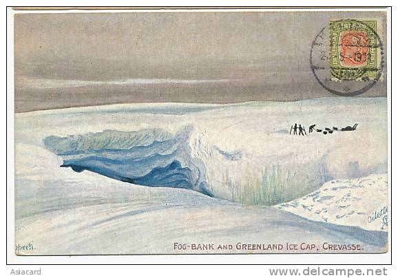 Greenland Fog Bank Ice Cap, Crevasse Dog Team Stamped Reykjavik 1908 Not  P. Used Tuck - Groenland