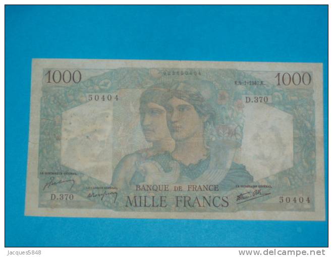 1000 Fr Minerve Et Hercule Du 9-1-1947 - Date Rare TTB - N° 50404 - D.370 épinglages - Plis - Une Petite Coupe à Gauche - 1 000 F 1945-1950 ''Minerve Et Hercule''