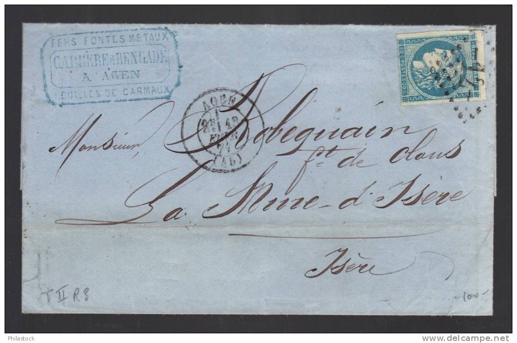 FRANCE N° 45 Obl. S/Lettre Entiére GC 12 Agen - 1870 Emisión De Bordeaux