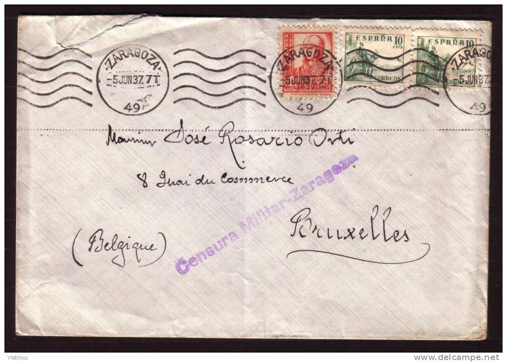 Censura Militar ZARAGOZA - Lettre De Zaragoza  Vers Bruxelles - 1937. - Marcas De Censura Nacional