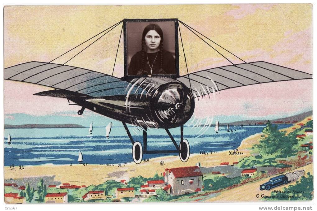 Carte Postale Montage Photo Portrait Jeune Fille Avec Avion Fictif Vol Au Dessus D'un Paysage Fictif Coloré - Photographs