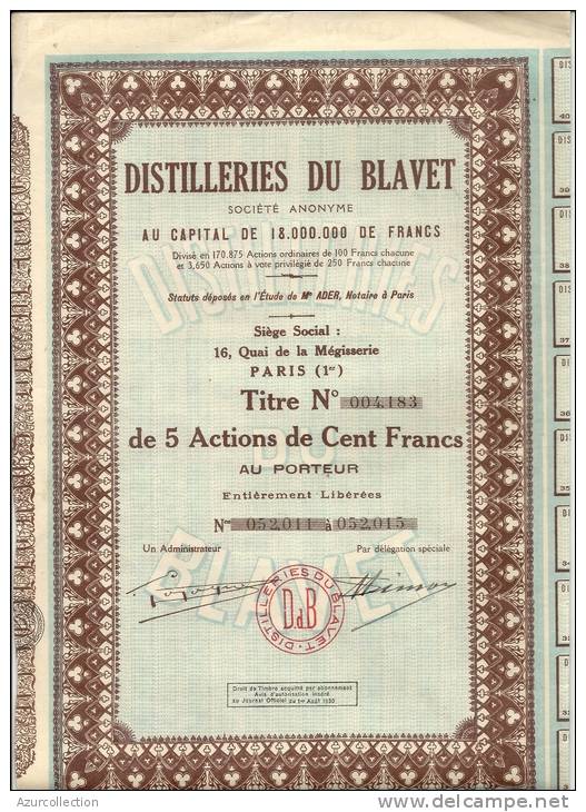 DISTILLERIES DU BLAVET . 5 ACTIONS DE 100F - Landbouw