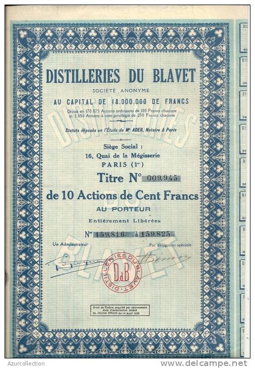 DISTILLERIES DU BLAVET . 10 ACTIONS DE 100F - Agriculture