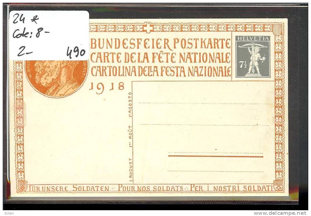 CARTE FETE NATIONALE 1918 - No 24 * NEUVE   -   Cote: 8 CHF - Other & Unclassified