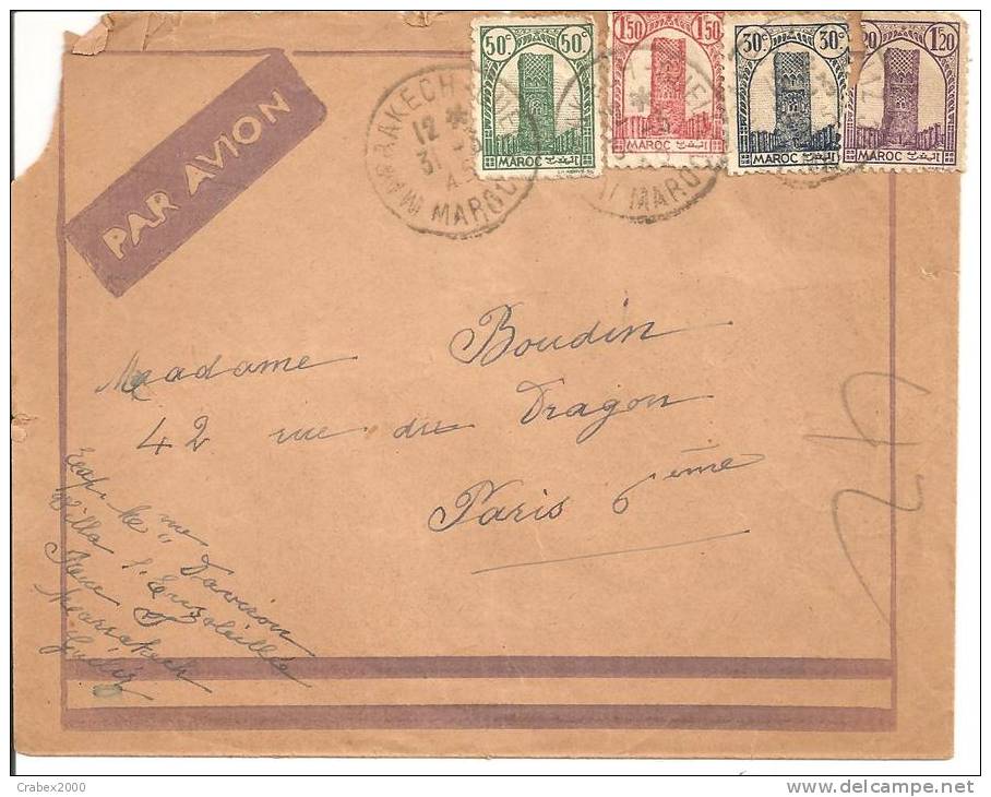 N° 205+207+212+213(2 TP Déffèctueux)   LETTRE  MARRAKECH   Vers PARIS         Le   31 MARS 1945 - Cartas & Documentos