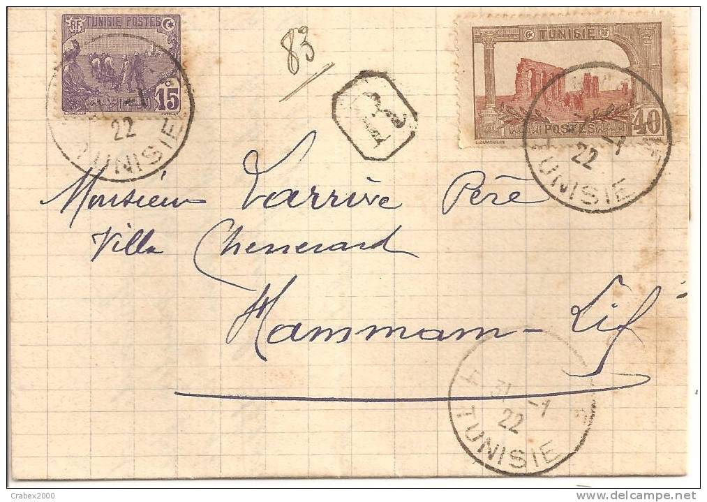 N° 53+37   LETTRE PLIEE  HAMMAN LIF Vers HAMMAN LIF         Le   03 JANVIER 1922 - Covers & Documents