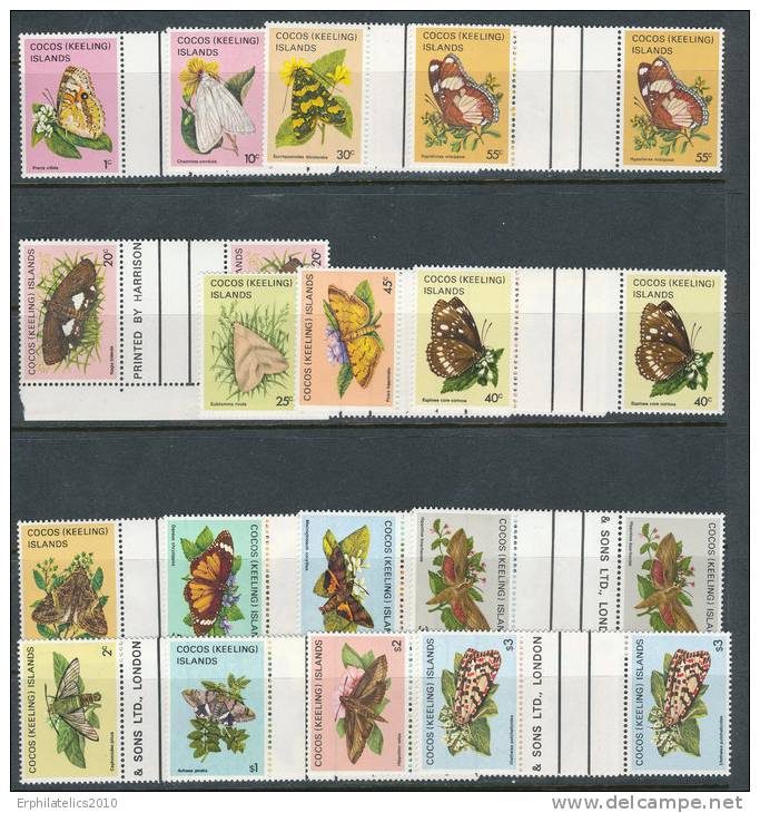 COCOS ISLANDS 1982 BUTTERFLIES AND MOTH SC# 87-102 FRESH VF MNH GUTTER PAIRS - Cocos (Keeling) Islands