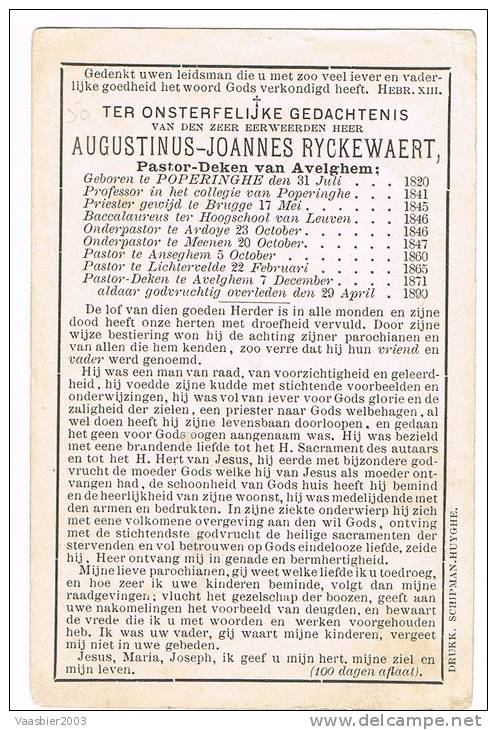 POPERINGRE - ARDOOIE - MENEN - ANZEGEM - LICHTERVELDE  ,doodsprentje V.  Pastoor Augustinus RYCKEWAERT + 1890 - Historische Documenten