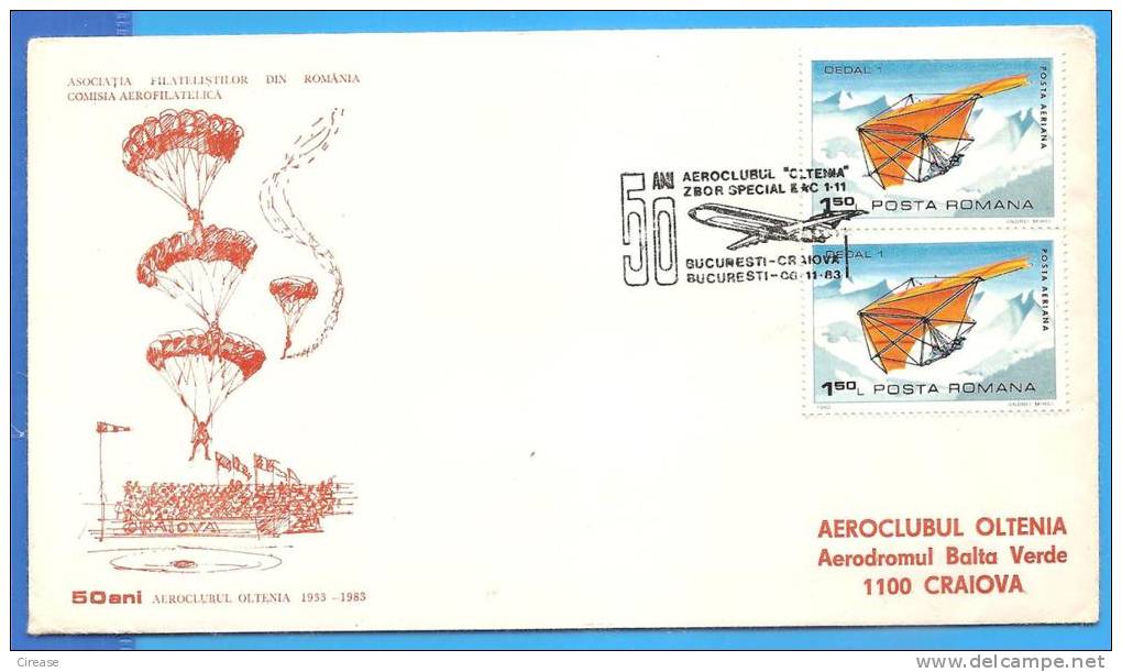 Aeroclub Craiova, Gliders, Parachute. Romania Cover 1983 - Fallschirmspringen