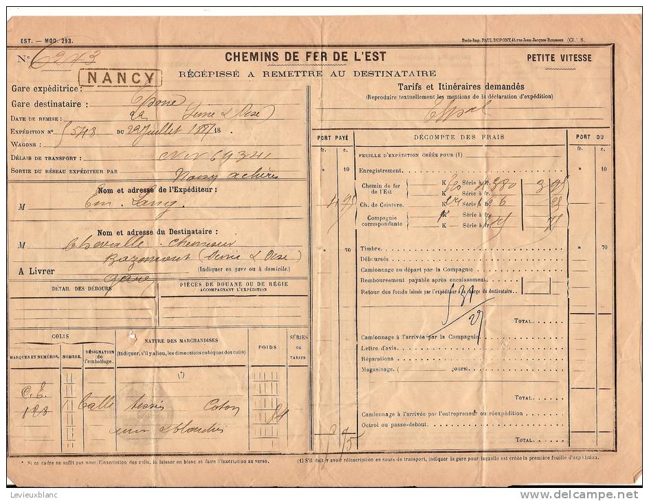 Chemin De Fer/de L´Est/Récépissé D´envoi En Petite Vitesse/MOD.293/1887            VP146 - Other & Unclassified