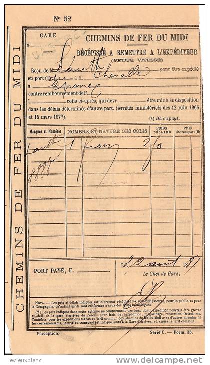 Chemin De Fer/du Midi/Récépissé à Remettre à L´expéditeur/1887            VP147 - Autres & Non Classés